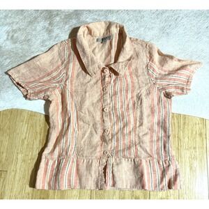 FLAX Peach/pink Fancy Stripe linen short sleeve button front Collared Top Size S